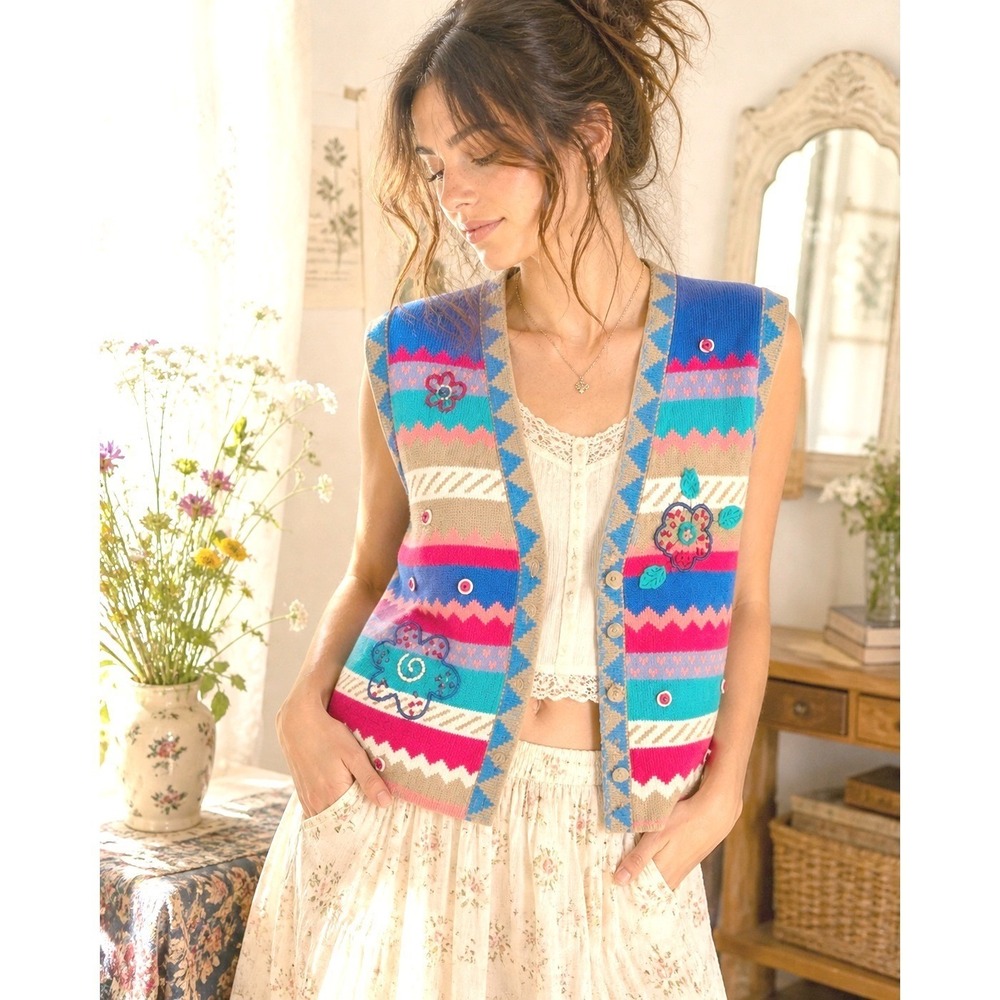 Koret Francisca Colorful Knit Vest Embroidered Boho Cottagecore XL Vintage Style
